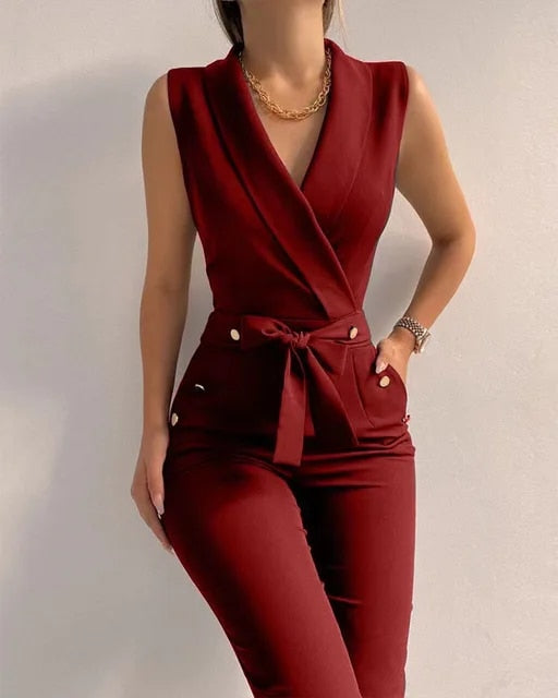 CALORA_ Chique Mouwloze Jumpsuit met V-hals en Vetersluiting