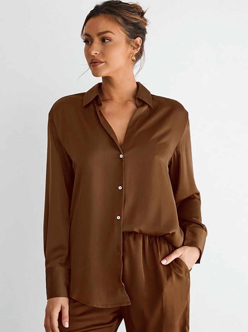 CALORA_ Comfortabele Lange Mouw Broek Eenvoudige Tweedelige Set