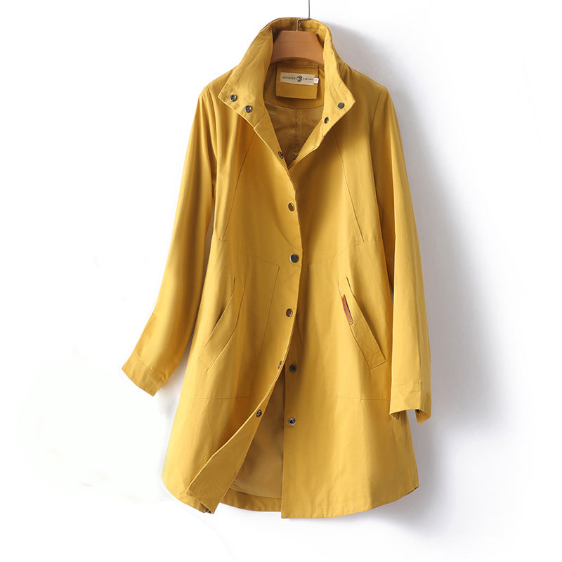 CALORA_ Couture | Dames midi trenchcoat met opstaande kraag en lange mouwen