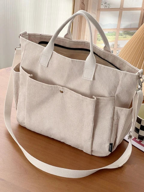 CALORA_ Crèmekleurige Corduroy Schoudertas met Comfortabele Band