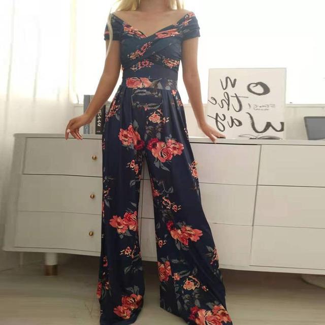 CALORA_ Dames Bloemen Jumpsuit met Off-Shoulder en Brede Pijpen