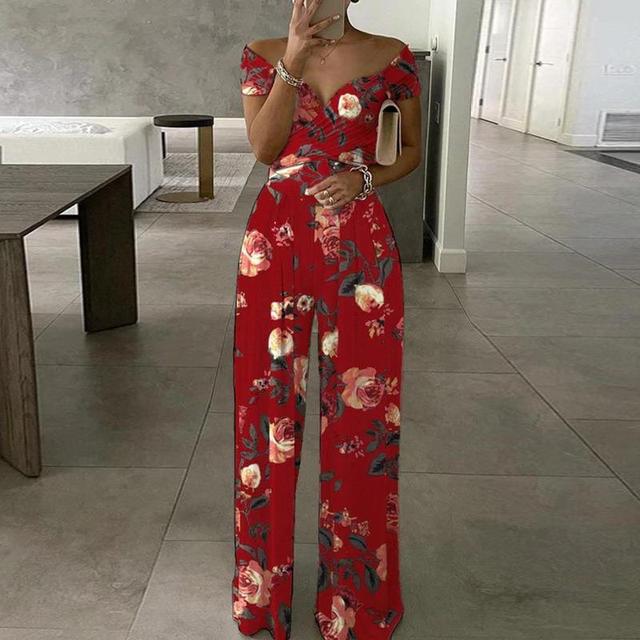 CALORA_ Dames Bloemen Jumpsuit met Off-Shoulder en Brede Pijpen