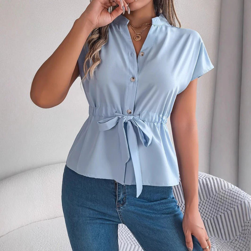 CALORA_ Dames Blouse met Tailored Fit en Tailleband Korte Mouwen
