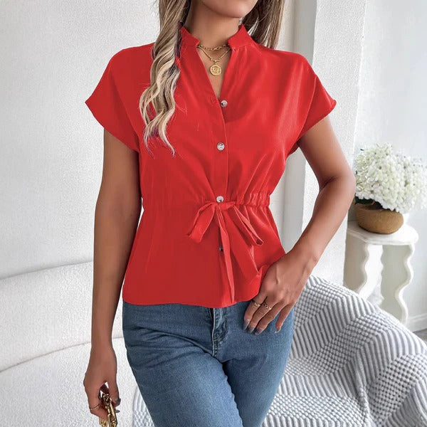 CALORA_ Dames Blouse met Tailored Fit en Tailleband Korte Mouwen