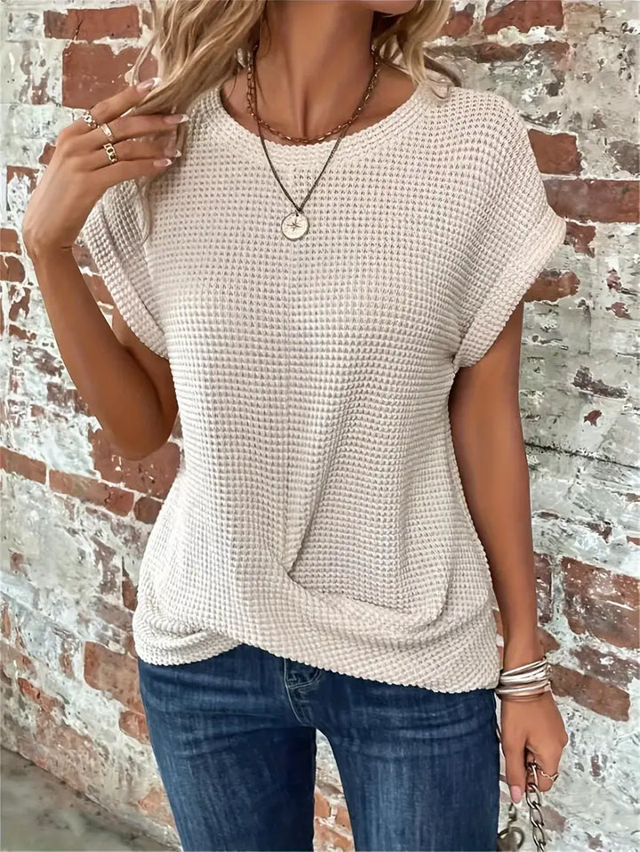 CALORA_ Dames Casual Top met Wafelstructuur Korte Mouwen en Ronde Hals