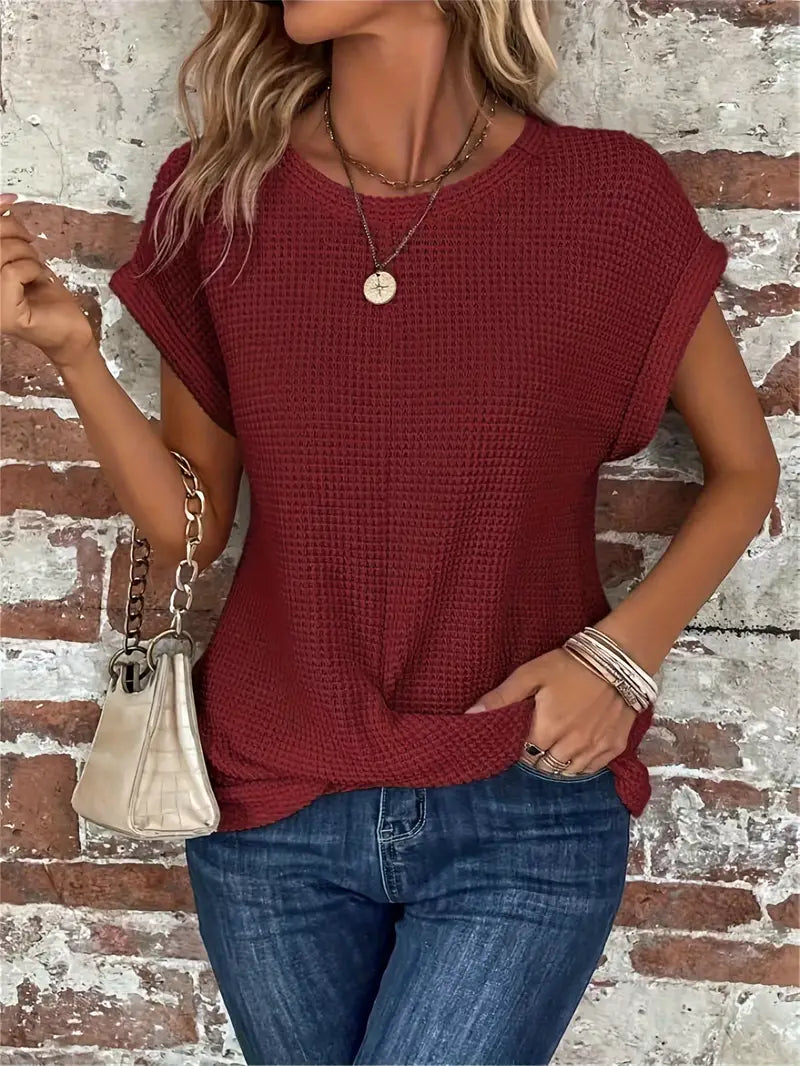 CALORA_ Dames Casual Top met Wafelstructuur Korte Mouwen en Ronde Hals