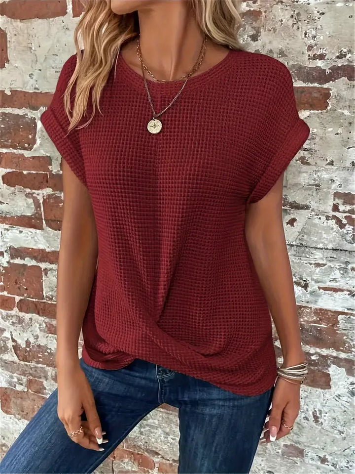 CALORA_ Dames Casual Top met Wafelstructuur Korte Mouwen en Ronde Hals