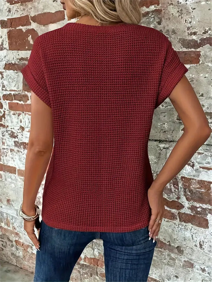 CALORA_ Dames Casual Top met Wafelstructuur Korte Mouwen en Ronde Hals
