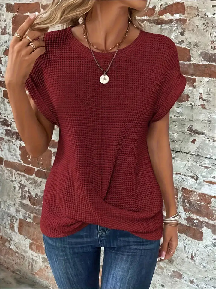 CALORA_ Dames Casual Top met Wafelstructuur Korte Mouwen en Ronde Hals