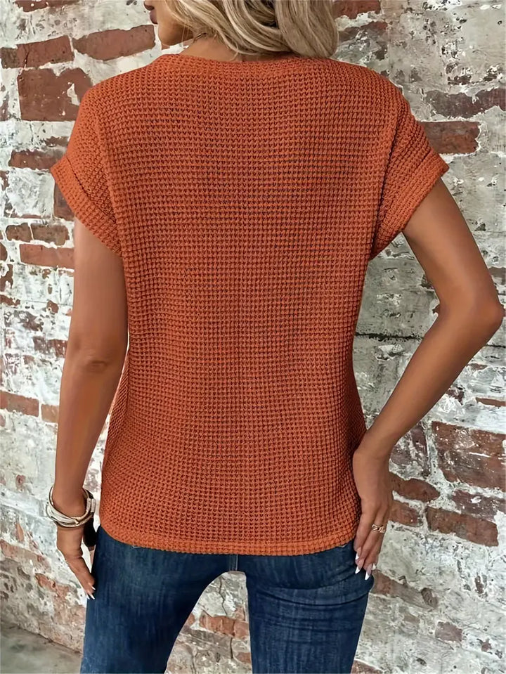 CALORA_ Dames Casual Top met Wafelstructuur Korte Mouwen en Ronde Hals