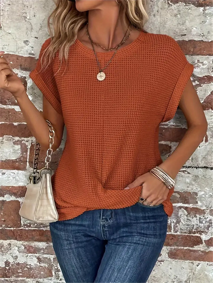 CALORA_ Dames Casual Top met Wafelstructuur Korte Mouwen en Ronde Hals