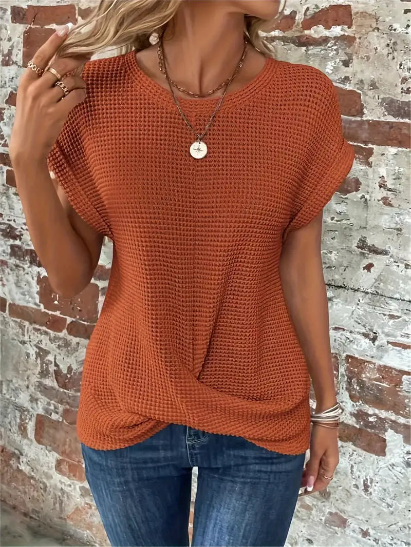 CALORA_ Dames Casual Top met Wafelstructuur Korte Mouwen en Ronde Hals
