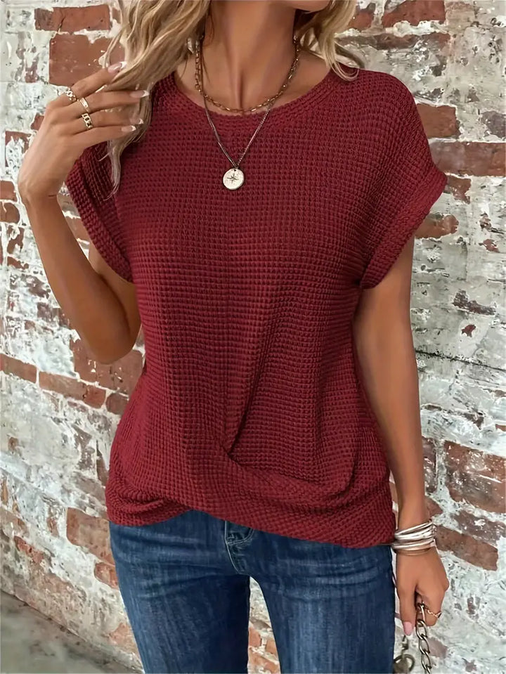 CALORA_ Dames Casual Top met Wafelstructuur Korte Mouwen en Ronde Hals