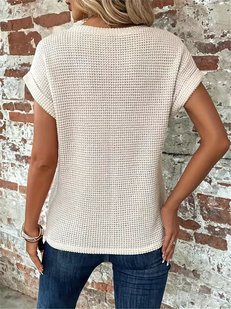 CALORA_ Dames Casual Top met Wafelstructuur Korte Mouwen en Ronde Hals