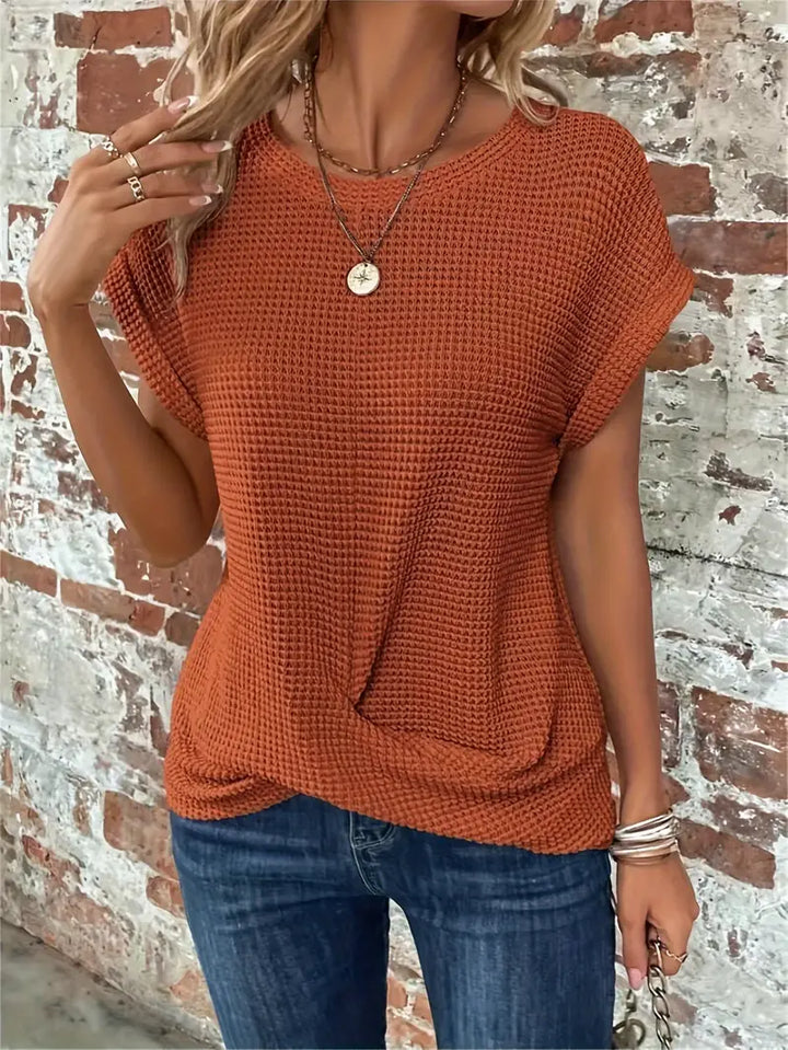 CALORA_ Dames Casual Top met Wafelstructuur Korte Mouwen en Ronde Hals