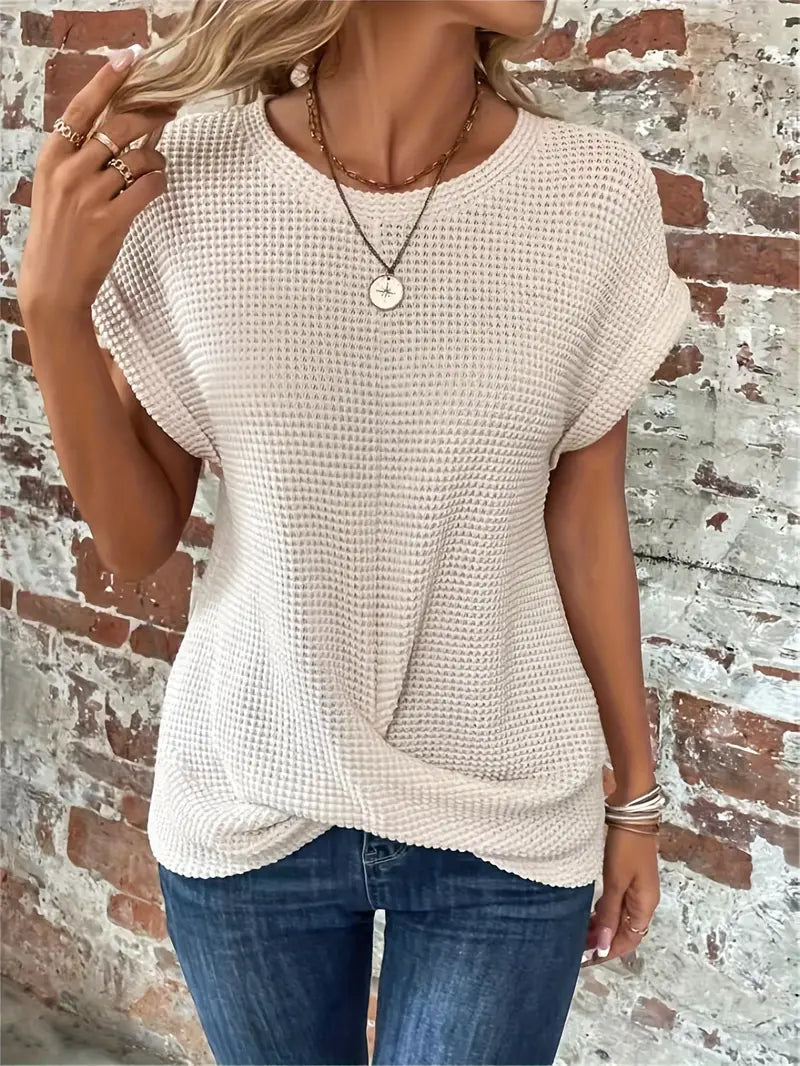 CALORA_ Dames Casual Top met Wafelstructuur Korte Mouwen en Ronde Hals