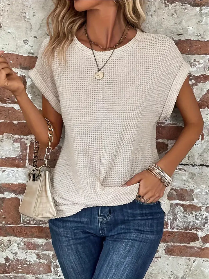 CALORA_ Dames Casual Top met Wafelstructuur Korte Mouwen en Ronde Hals