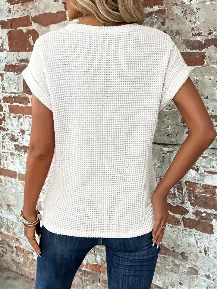 CALORA_ Dames Casual Top met Wafelstructuur Korte Mouwen en Ronde Hals