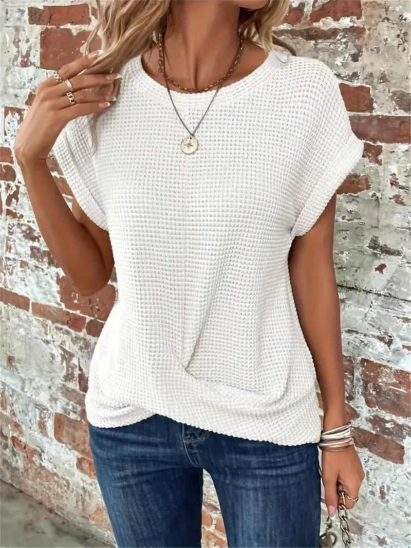 CALORA_ Dames Casual Top met Wafelstructuur Korte Mouwen en Ronde Hals