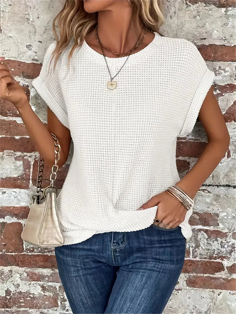 CALORA_ Dames Casual Top met Wafelstructuur Korte Mouwen en Ronde Hals