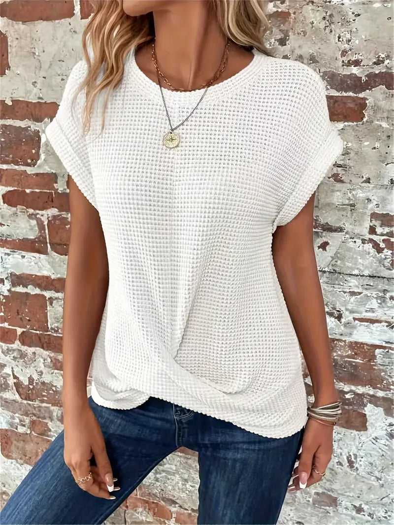 CALORA_ Dames Casual Top met Wafelstructuur Korte Mouwen en Ronde Hals