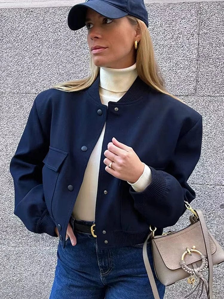 CALORA_ Dames Cropped Varsity Jacket met Knopen en Geribde Kraag