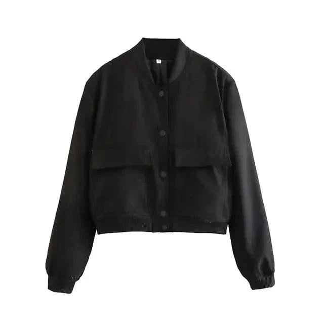 CALORA_ Dames Cropped Varsity Jacket met Knopen en Geribde Kraag