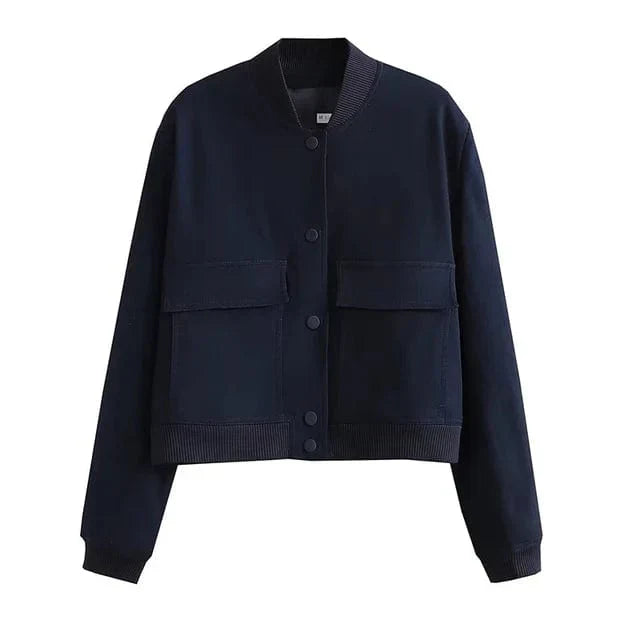 CALORA_ Dames Cropped Varsity Jacket met Knopen en Geribde Kraag