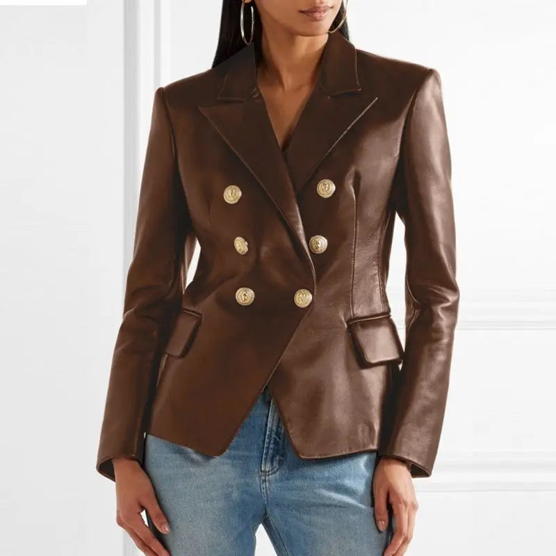 CALORA_ Dames Dubbelknopen Op Maat Gemaakt Leren Blazer met Lapelexen