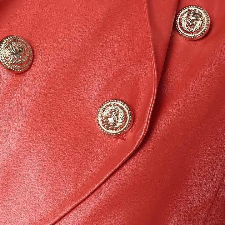 CALORA_ Dames Dubbelknopen Op Maat Gemaakt Leren Blazer met Lapelexen