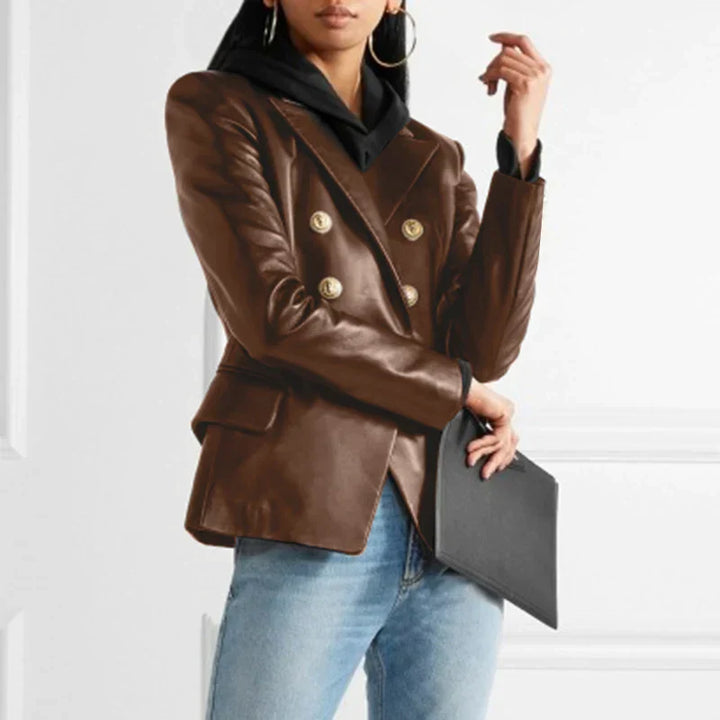 CALORA_ Dames Dubbelknopen Op Maat Gemaakt Leren Blazer met Lapelexen