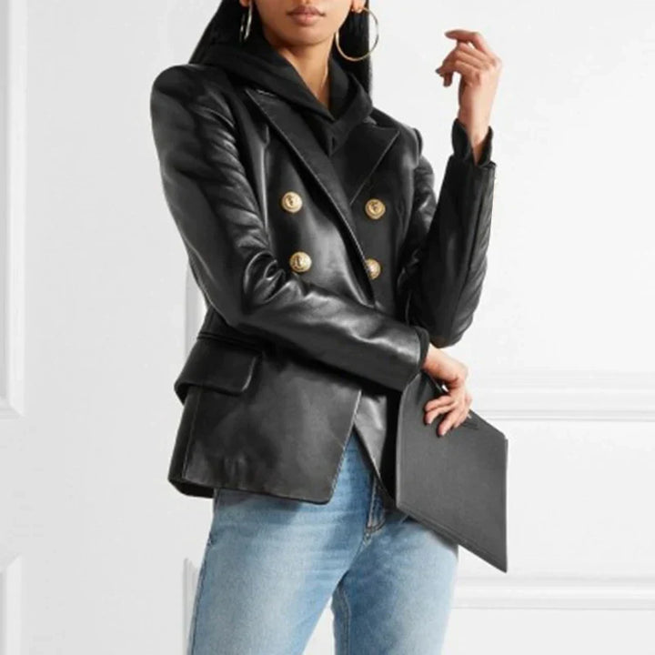 CALORA_ Dames Dubbelknopen Op Maat Gemaakt Leren Blazer met Lapelexen