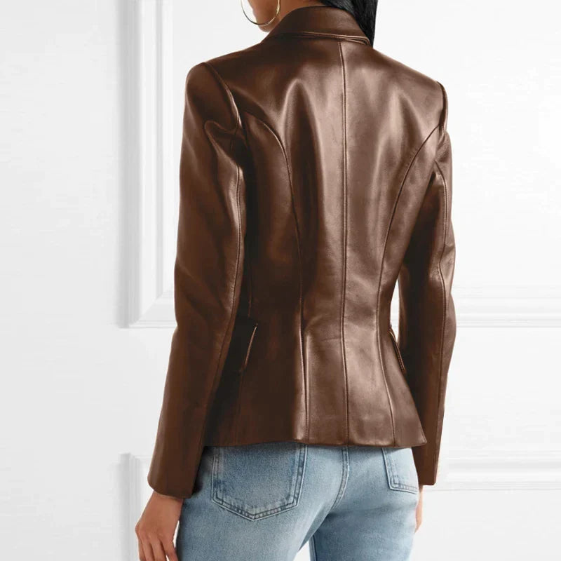 CALORA_ Dames Dubbelknopen Op Maat Gemaakt Leren Blazer met Lapelexen