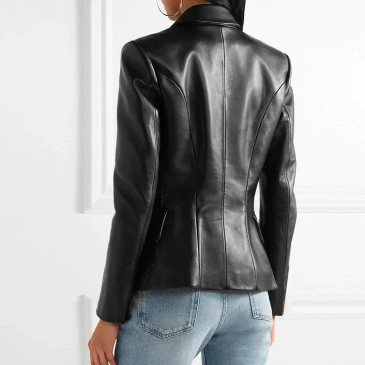 CALORA_ Dames Dubbelknopen Op Maat Gemaakt Leren Blazer met Lapelexen