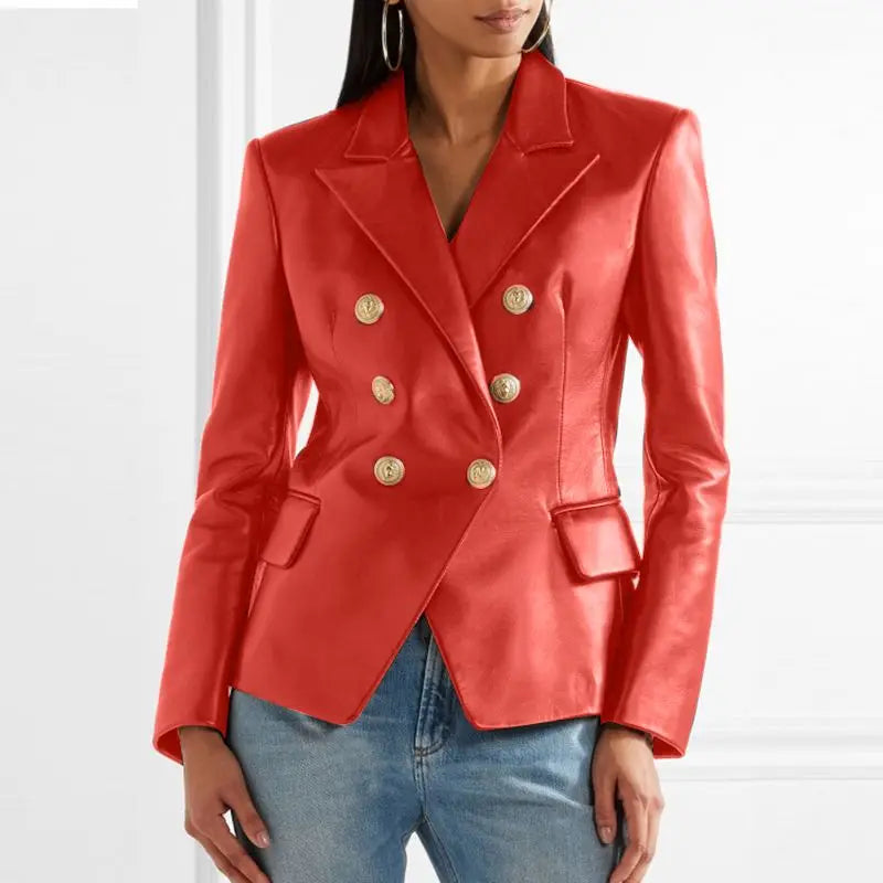 CALORA_ Dames Dubbelknopen Op Maat Gemaakt Leren Blazer met Lapelexen