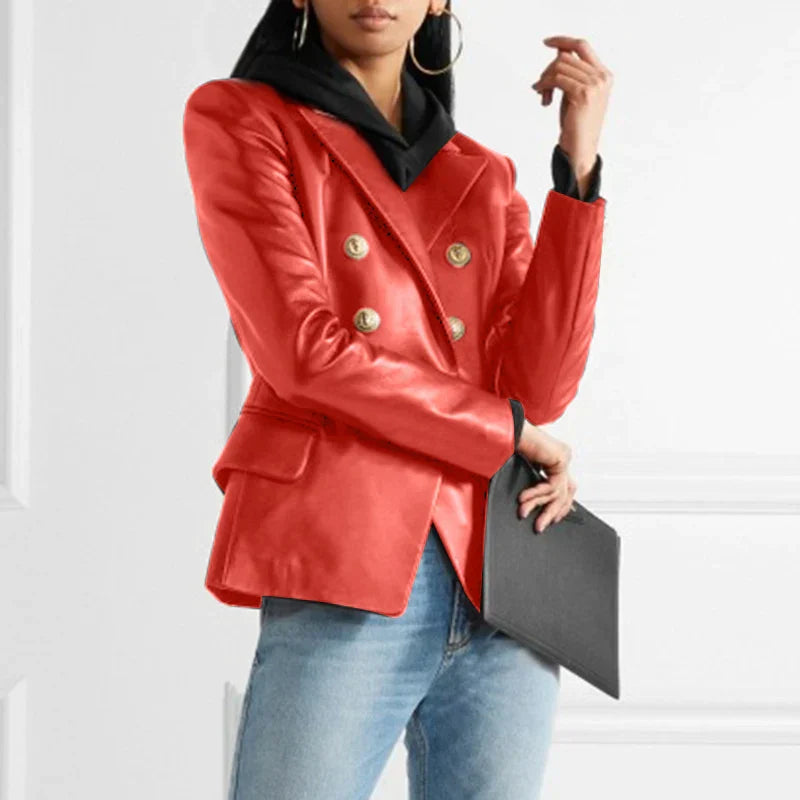 CALORA_ Dames Dubbelknopen Op Maat Gemaakt Leren Blazer met Lapelexen