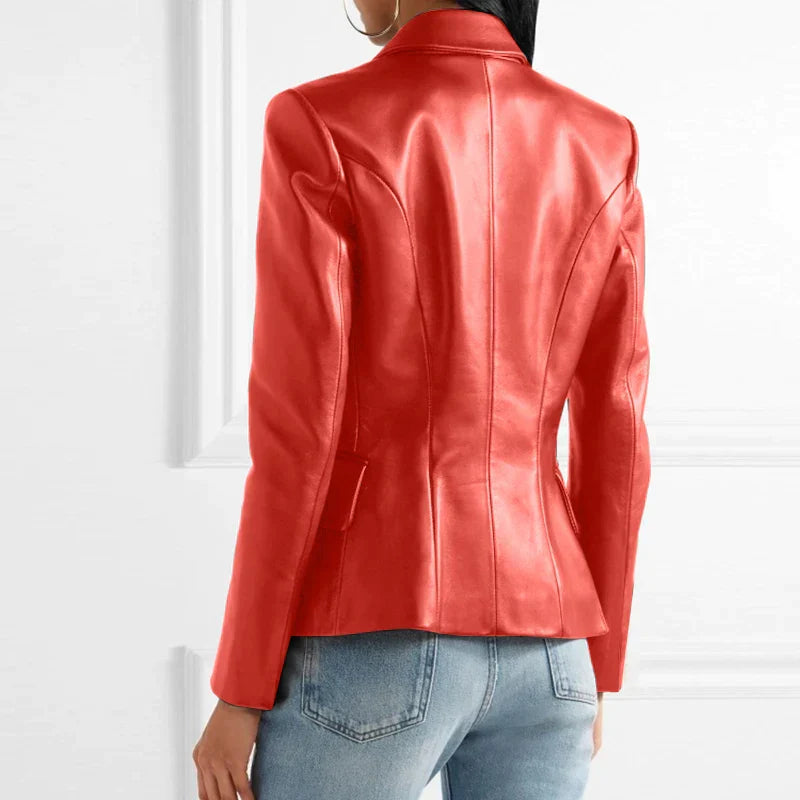 CALORA_ Dames Dubbelknopen Op Maat Gemaakt Leren Blazer met Lapelexen