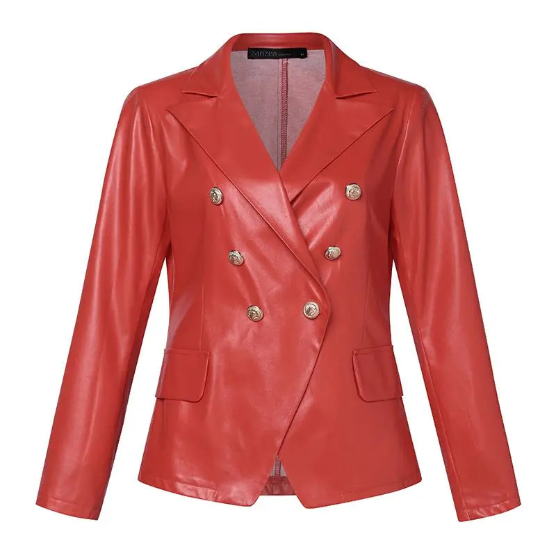 CALORA_ Dames Dubbelknopen Op Maat Gemaakt Leren Blazer met Lapelexen
