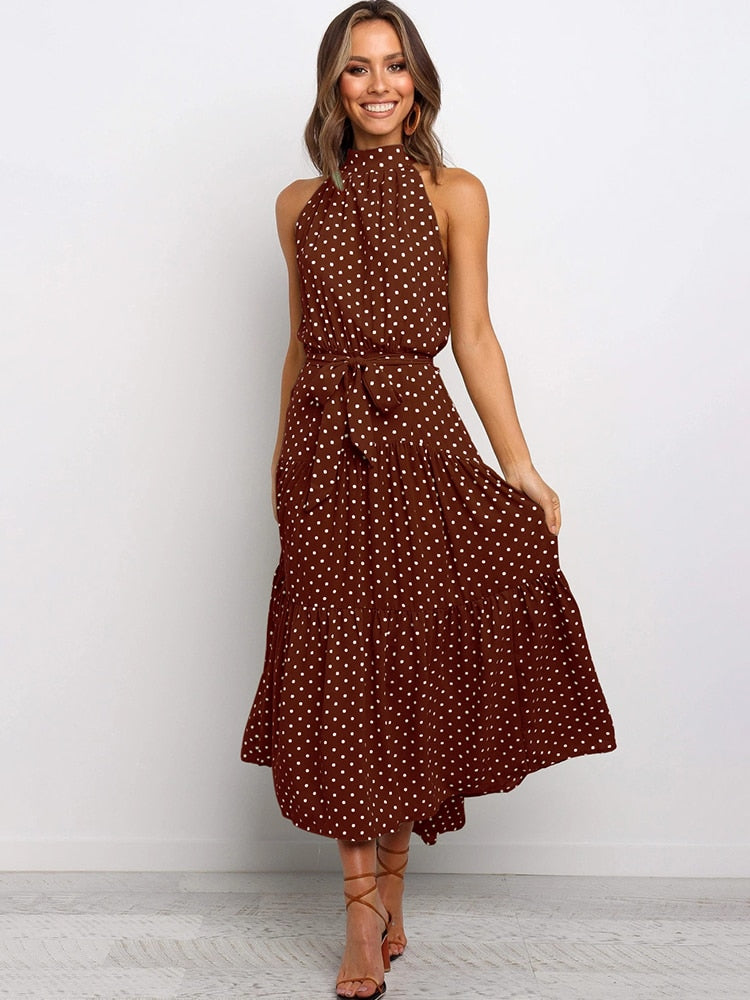 CALORA_ Dames Halter Midi Jurk met Stippenprint en Tailleband