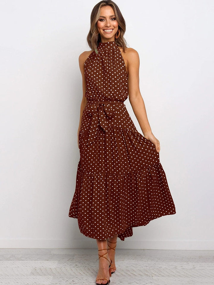 CALORA_ Dames Halter Midi Jurk met Stippenprint en Tailleband