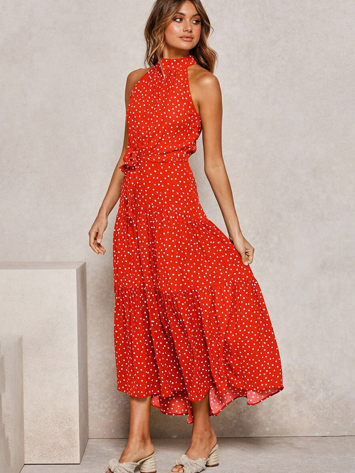 CALORA_ Dames Halter Midi Jurk met Stippenprint en Tailleband