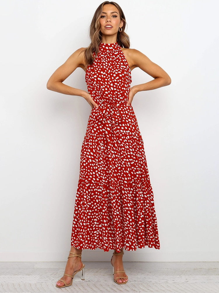 CALORA_ Dames Halter Midi Jurk met Stippenprint en Tailleband