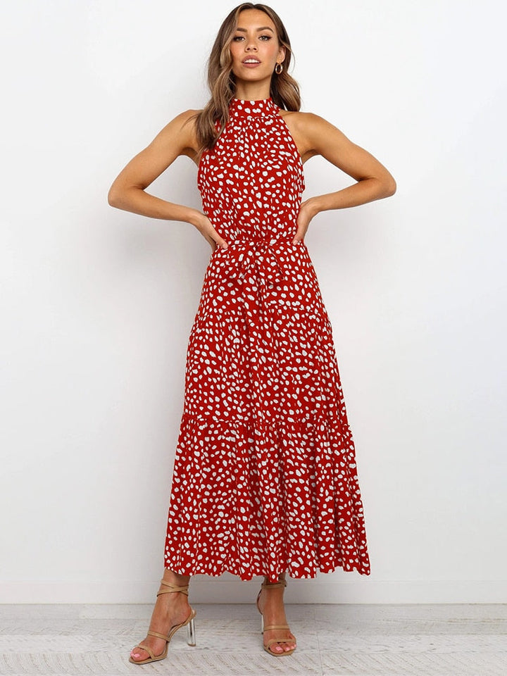CALORA_ Dames Halter Midi Jurk met Stippenprint en Tailleband