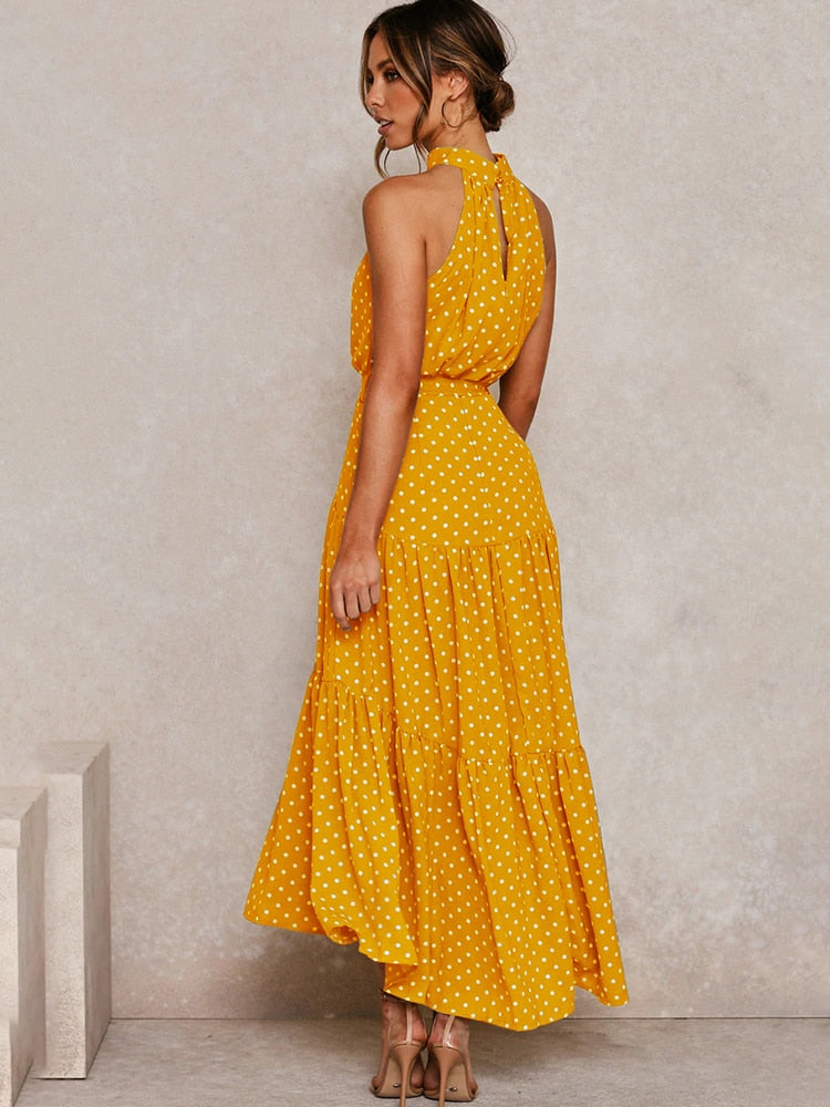 CALORA_ Dames Halter Midi Jurk met Stippenprint en Tailleband