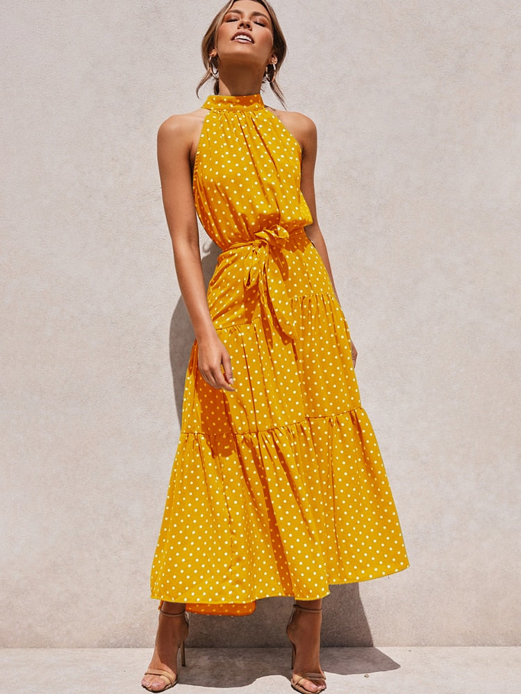 CALORA_ Dames Halter Midi Jurk met Stippenprint en Tailleband
