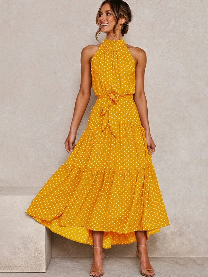 CALORA_ Dames Halter Midi Jurk met Stippenprint en Tailleband