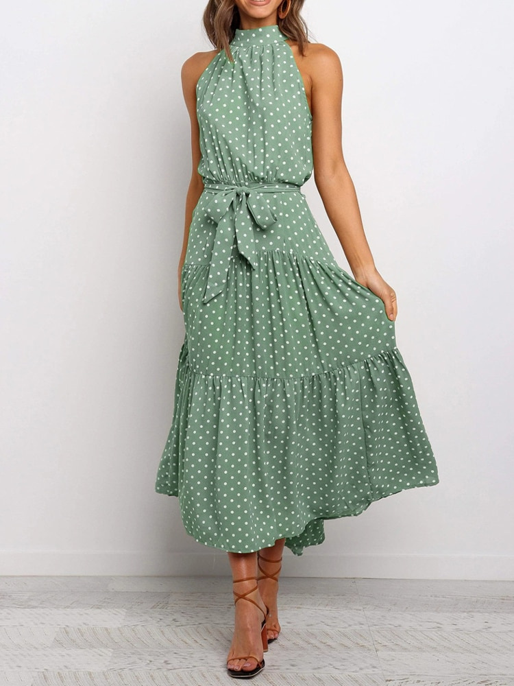 CALORA_ Dames Halter Midi Jurk met Stippenprint en Tailleband