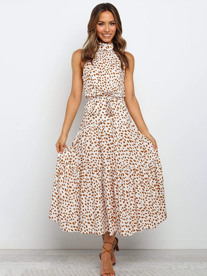 CALORA_ Dames Halter Midi Jurk met Stippenprint en Tailleband
