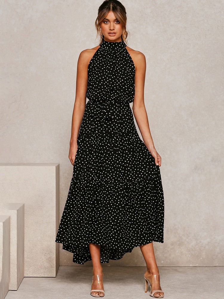 CALORA_ Dames Halter Midi Jurk met Stippenprint en Tailleband