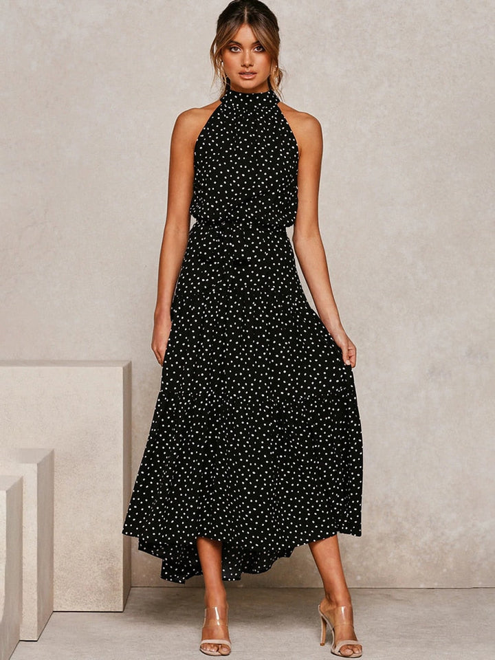 CALORA_ Dames Halter Midi Jurk met Stippenprint en Tailleband